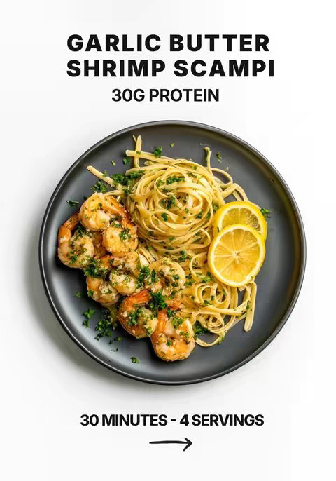A top-down shot showcases a plate of shrimp scampi.  The dish is centered on a dark, round plate. The plate holds the food, divided into three parts: a portion of linguine pasta, a cluster of shrimp, and lemon wedges. The pasta is a golden color from the sauce, and it is neatly arranged. The shrimp are visible with herbs sprinkled across them. Several thin lemon slices add a vibrant touch to the composition. The background is plain and light-colored, which cleanly contrasts with the plate and food.