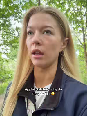 A woman with long blonde hair is looking at the camera with a questioning expression. She is outside with a blurred background of green foliage. Text overlays, in white, at the bottom of the image question Apple Watch functionality.