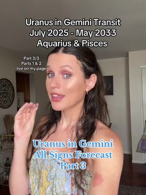 A woman with dark hair and a light complexion stands in front of a soft-focus background. Text overlays at the top and bottom of the image provide context about the video's topic: Uranus in Gemini and an astrology forecast. The woman is smiling, with a hand gesturing towards the text.