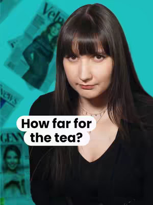 A woman with dark hair and bangs is the central focus. She is looking directly at the camera with a neutral expression. Newspaper clippings are visible in the background, with a teal-colored gradient. White text, encapsulated in a white rounded rectangle, overlayed at the bottom reads "How far for the tea?"