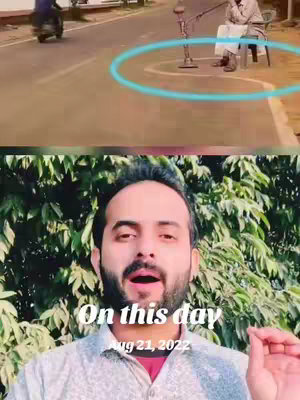 The image is a split view; the top section shows a street scene with a man sitting in a chair with a microphone stand, a blue circle highlighting this area. The bottom section features the face of a man with a beard and a surprised expression against a backdrop of green foliage.