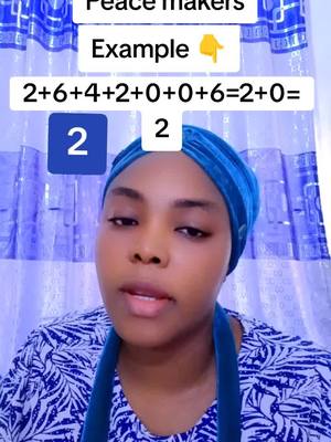 A woman is shown in a selfie-style video against a backdrop of patterned curtains. White text boxes at the top display the words 'Peace Makers' and 'Example,' with a pointing finger emoji. Below, a math equation is displayed. The woman has a blue headscarf and is the focus of the image.