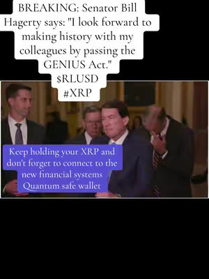 The image features multiple people in a formal setting, potentially a government building, with the focus on a man in a suit speaking. Text overlays provide context about the event and cryptocurrency.