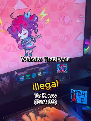 The cover image shows a person’s hands on a keyboard, in front of a computer setup. Text overlays read, 'Website That Feels,' 'illegal,' and 'To Know (Part 99).' The background shows a wall screen with pixelated animated artwork and a smaller screen with a digital display, suggesting a tech-related theme.