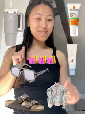 The cover image shows a young woman smiling and giving a thumbs-up, with various shopping-related items superimposed around her. These include a gray tumbler, sunglasses, a pair of sandals, a patterned blouse, and several cosmetic-like tubes. Above her chest, there are shopping bag emojis filling the space.