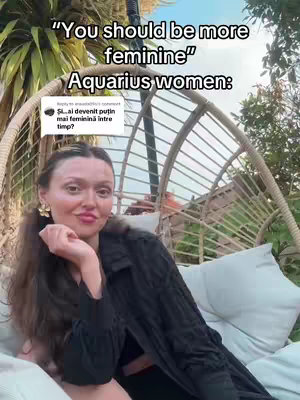 A woman is seated in a woven outdoor chair swing, facing the camera with a thoughtful expression. The background includes lush greenery and a glimpse of a blue sky. Text overlays are placed at the top and a comment box is at the bottom left.