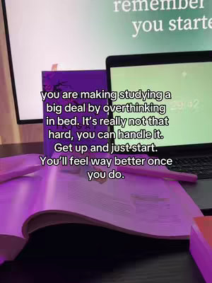 The image shows a desk setup with a laptop, a tablet, and an open book, all bathed in a purple light from the opened book. Text overlays on the laptop and book provide motivational studying and study tips, including "you are making studying a big deal by overthinking in bed. It's really not that hard, you can handle it. Get up and just start."