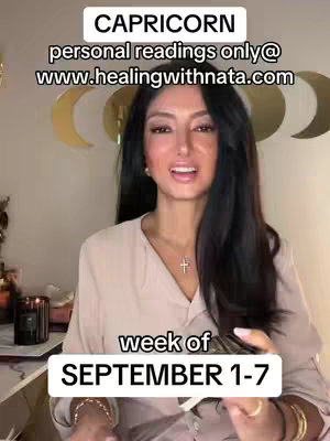 A woman with long, dark hair smiles confidently at the camera. Text overlays indicate the video's focus on Capricorn astrology and dates. Background elements include golden crescent moons and a lit candle.