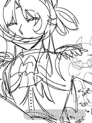 A black and white line drawing of a person with stylized hair and clothing. The character appears to be smiling with closed eyes. In the background, a smaller, equally stylized figure faces the viewer.
