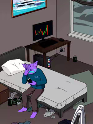 An animated image depicts a crying purple alien-like figure in a room. The figure, wearing a blue sweater with a logo and brown pants, sits on a bed, covering its face with one hand and holding a phone in the other. The room has messy decor, a computer setup, and a boat painting.