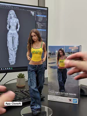 The cover image features a figurine of a woman in a yellow tank top and jeans, standing on a clear base. In the background, there's a computer monitor displaying a 3D model of the same woman, and a box with an image of the woman in a parking lot. The overall composition is well-lit and focuses on the figurine and its digital representation.