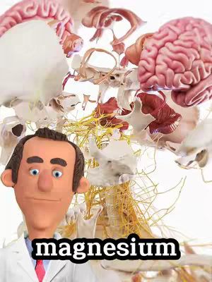 The image shows a cartoon figure of a man in a doctor's coat against a white background filled with stylized illustrations of human organs, including a brain, spinal structures, and other internal elements. Below the figure, the word 'magnesium' is written in a bold, black font.