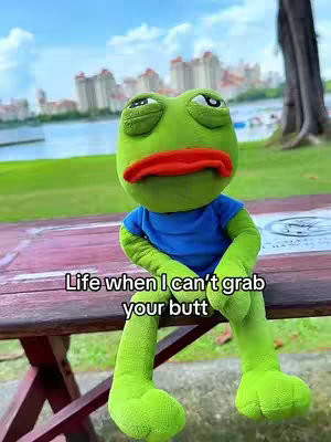 A plush frog doll with a sad expression sits on a park bench. The background shows a lake and buildings, with text overlaid.