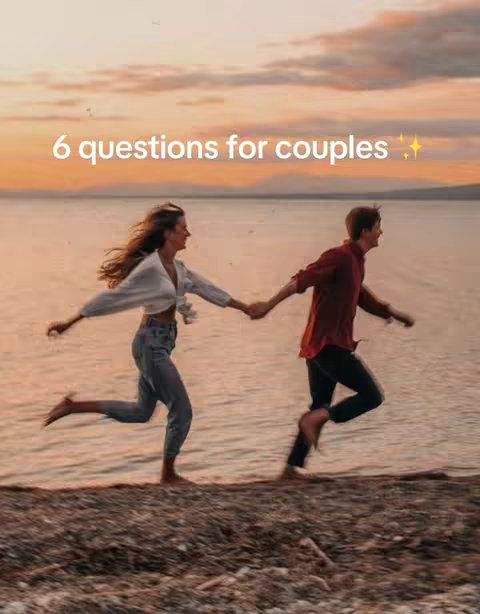 A woman and a man, both in casual attire, run joyfully along a shoreline at sunset, holding hands. The background features a calm sea and an orange-hued sky, suggesting an intimate and energetic moment between the couple. Text overlay on the cover image says "6 questions for couples".
