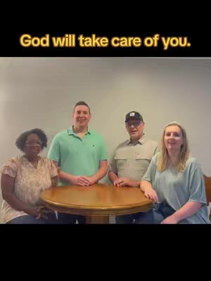 The cover image shows four people of various ages posed around a wooden table. The text overlay says, "God will take care of you."