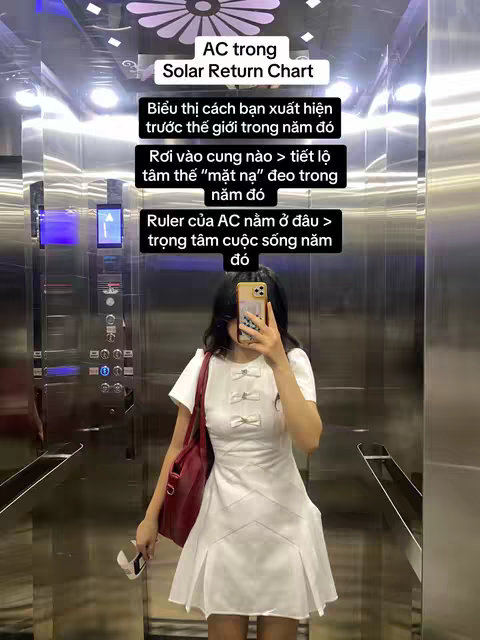 A woman is shown in a white dress, standing in an elevator. She is taking a selfie with her phone, and the text overlays provide information about the content of the video. The elevator has silver walls and a control panel.