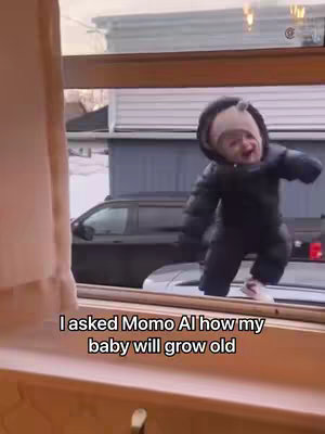 The image shows a baby, wearing a dark puffy winter suit and hood, jumping towards the camera from an outdoor setting framed by a window. The baby is mid-jump smiling with its head tilted back and arms outstretched. Behind the baby, a view of a residential environment can be seen with cars parked nearby. The bottom of the frame contains white text overlay.