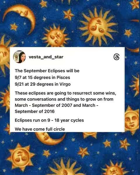 The cover image has a dark blue background with a repeating pattern of golden suns, crescent moons, and stars. In the center, a white rectangle contains text, appearing like a social media post.