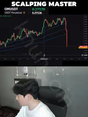 The cover image shows a zoomed-in view of a computer screen displaying a stock chart alongside the creator. The top portion of the image shows the stock chart with a large red candle on the right side, indicating a price drop. The person in the lower half is seated in an office chair. The text overlay in the image reads 'SCALPING MASTER'.