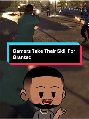 The cover image shows a split layout. The top portion features a gaming scene with several characters in a parking lot. The bottom displays an illustrated avatar of a person with a smiling face and a black beard.