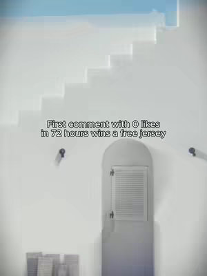 A white wall with stairs and a window. Text overlay promoting a jersey giveaway.