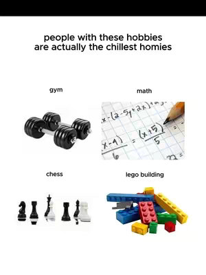 The image is a square collage featuring four images arranged in a 2x2 grid. At the top, the text 'people with these hobbies are actually the chillest homies' is displayed. The top-left image shows dumbbells, labeled 'gym'. The top-right image shows a math problem with a pencil, labeled 'math'. The bottom-left image displays chess pieces, labeled 'chess'. The bottom-right image is of Lego bricks, labeled 'lego building'. The background is plain white.