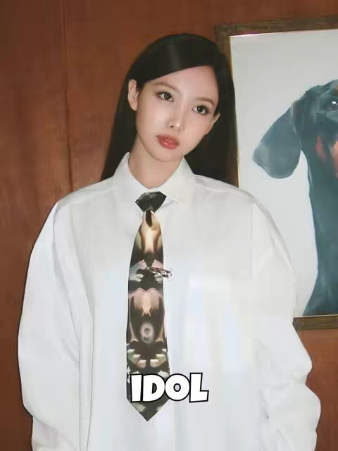 The image shows a young woman, possibly a K-pop idol, in a white button-down shirt and a printed necktie. She has long, dark hair and is looking towards the camera with a neutral expression. The background is a wood-paneled wall. In the corner is a partial image of a framed artwork, possibly a dog. A text overlay saying 'IDOL' is present on the tie.