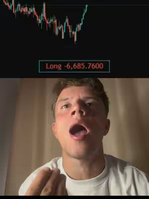 A young man with fair skin is captured in a close-up, his mouth open and eyes looking upwards in a moment of shock or distress. Above him, a graph suggests a cryptocurrency market trend in green and red lines, while a text box with the text "Long -6,685.7600" is placed just above the man's head, indicating a negative financial outcome. The composition is framed to emphasize the man's reaction against the backdrop of an investment data display.