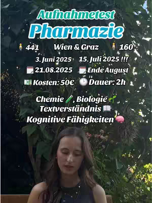 A woman is filmed from the chest up, set against a natural green background. She is wearing dark clothing. Overlaid on the top portion of the image is text in a color-blocked design. The central block is light blue with bold white text and includes the words "Aufnahmetest Pharmazie". Beneath this are fields of data and icons.