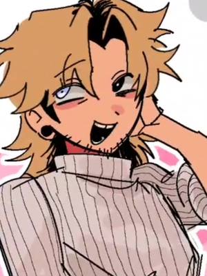 An animated cartoon character with tan skin, light brown spiky hair, and one eye blue. The character has a small black earring, a partly visible goatee, and is wearing a white turtleneck sweater. The background is plain with the hint of pink.
