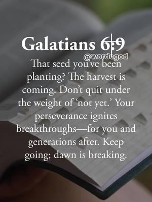 An image featuring an open book with text overlayed on the right page. The text is in a clean, easy-to-read font and is primarily black. The background is a soft blur of the book's pages, providing a subtle texture. The text includes a Bible verse from Galatians with encouraging words about perseverance and the coming harvest.