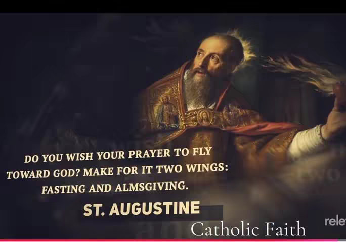 The cover image features a painting of a man with a halo, looking upwards. Text overlays include a quote and information about Catholic faith with a dark background.