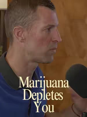 The image features a side profile of a man talking into a microphone. The man is wearing a blue shirt. Text overlaid at the bottom reads "Marijuana Depletes You" in a stylized, sans-serif font.