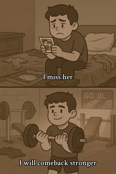 The cover image is a split panel cartoon. The top panel shows a sad cartoon man sitting on a bed, holding a photo of a couple and crying. The lower panel shows the same man, now smiling, lifting weights in the gym, looking stronger. The entire image has a sepia tone.
