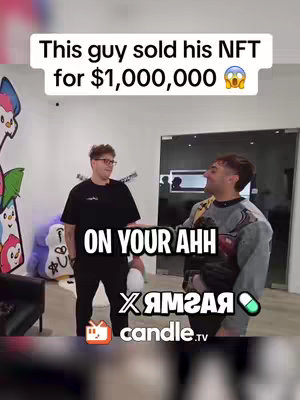 The cover image features two men in a well-lit room. The man on the right is smiling, wearing a grey sweater with a unique design. The man on the left is wearing glasses and a black shirt, and is looking at the person beside him. Above the men is text indicating a sale of an NFT for $1,000,000. Text overlays at the bottom