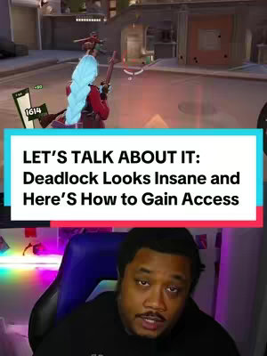 The cover image features a split composition. The top part showcases gameplay footage from the game Deadlock, with a character aiming a weapon. Below, there's a view of the creator in front of a gaming setup. Overlaid on top of that is a colorful bar with the title of the video. The color palette is vibrant, utilizing a teal and red accent. The creator is seated in a gaming chair.