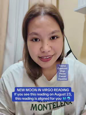 A woman with brown hair and fair skin smiles at the camera. Text overlays include the astrological sign names and a new moon reading description.