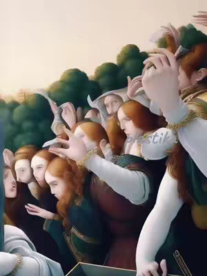 An AI-generated or stylized image featuring a group of people looking upwards, potentially at something out of frame. The style is reminiscent of classical art, with figures in period attire, hands raised, and a warm color palette.