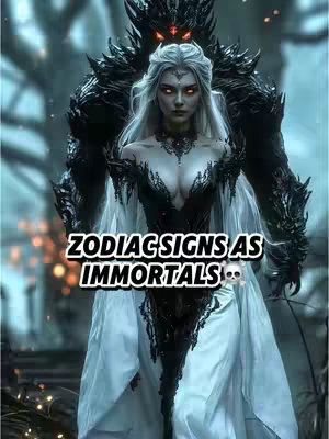 A fantasy image with a central female figure in a dark, revealing gown and white hair. Behind her is a large, shadowy figure with glowing red eyes. The text overlay reads 'ZODIAC SIGNS AS IMMORTALS'. The composition is dark and atmospheric.