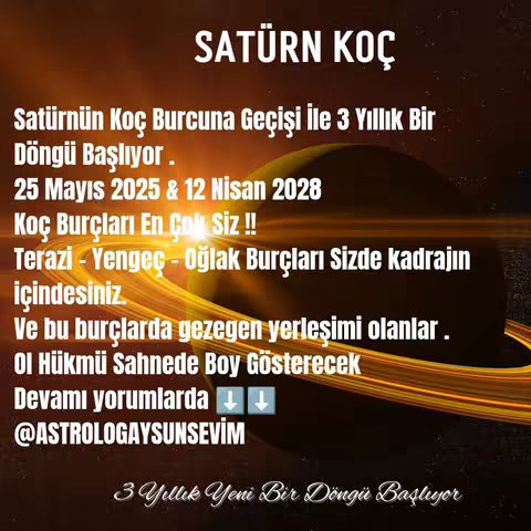 The cover image features the headline "SATÜRN KOÇ" at the top. Beneath it, white text against a dark background provides details about Saturn's transit into Aries and a three-year cycle, including dates (May 25, 2025 & April 12, 2028), and key astrological insights for specific zodiac signs (Aries, Libra, Capricorn, Cancer). A graphic of Saturn surrounded by rings is in the background. The bottom of the image contains text indicating the author's name and social media handle.
