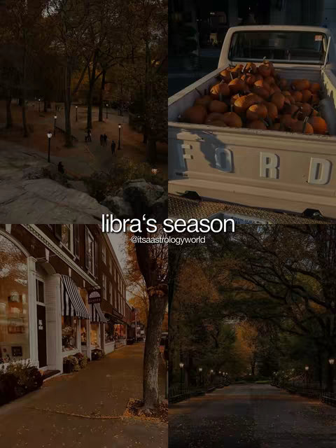 A split image showing different autumnal scenes. One section shows a white pickup truck filled with pumpkins, another shows a street lined with buildings and shops, a third showcases a road leading through a park with trees, and the last shows a path leading into a park lined with trees. The overall tone is warm and inviting.