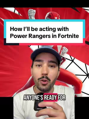 A selfie-style video cover featuring a man in the foreground, looking directly at the camera with a neutral expression. Behind him, a stylized image of the Red Power Ranger and the color red dominates the background, with geometric shapes and white lines forming a layered abstract design. A text overlay in a rectangular box reads, 'How I'll be acting with Power Rangers in Fortnite'.