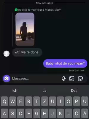 A cell phone showing a text message conversation. The background is dark, with the phone screen displaying messages between two parties. One party sends a photo of a person standing in front of a sunset. Another party is responding with a question. A keyboard is at the bottom representing a user would be responding.
