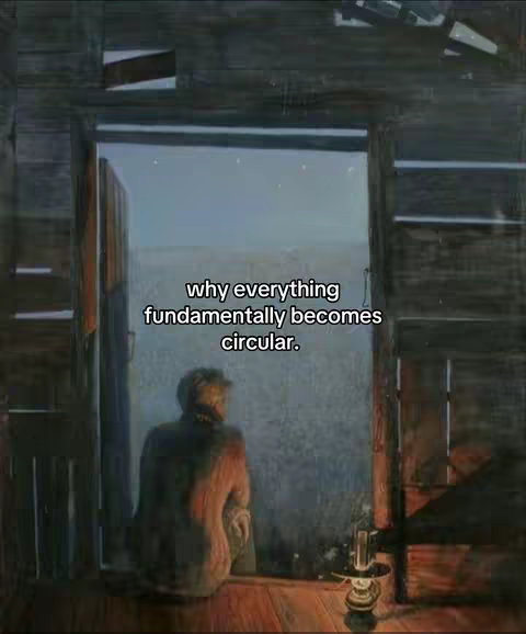 An artistic image shows a person from the back, sitting inside a wooden structure and looking out at a dimly lit outdoor scene. The composition focuses on the person in the foreground and the contrast between the interior and the exterior. Soft lighting and a muted color palette create a contemplative mood. Text overlay across the image adds to the philosophical theme.