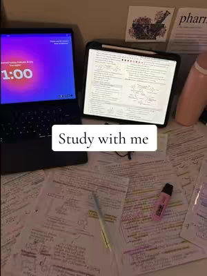 The image shows a workspace with a laptop displaying a timer, a tablet showing study notes, and scattered textbooks and notes with a pink highlighter and a pen. The hook text "Study with me" is overlaid on the image. The color scheme includes various shades of white, black, and pink.