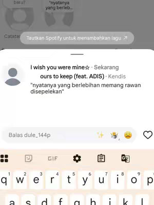 The cover image is a screenshot of a chat or messaging interface. A white box contains text, including the song title "ours to keep" and artist information. Below this, a text input field and keyboard are visible, including several icons.