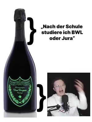 The cover image displays a black champagne bottle with a green and white label on the left. An image of a man speaking enthusiastically into a microphone is placed on the bottom right. Text in German is placed on the top right.