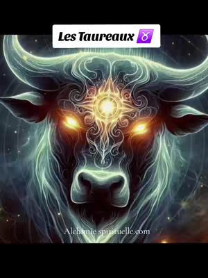 An artistic image features a glowing blue-green bull's head against a dark background. The bull has large, curved horns and an intense gaze with glowing orange eyes and a glowing emblem on its forehead. The image has atmospheric lighting, and swirling details.