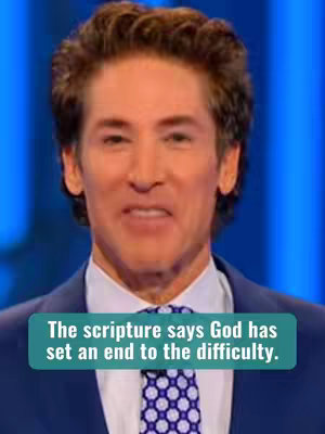 A close-up shot of Joel Osteen smiling, wearing a blue suit, white shirt, and a patterned tie. A teal box with white text is overlaid at the bottom.