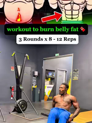 The image is a fitness-themed cover, split into two main sections. The top section presents two cartoon figures highlighting the anatomy of abdominals and belly fat with the red arrow pointing to the desired result. Below that, the lower part shows a man seated in a gym environment next to fitness equipment wearing blue pants and no shirt. A text overlay describes the workout.